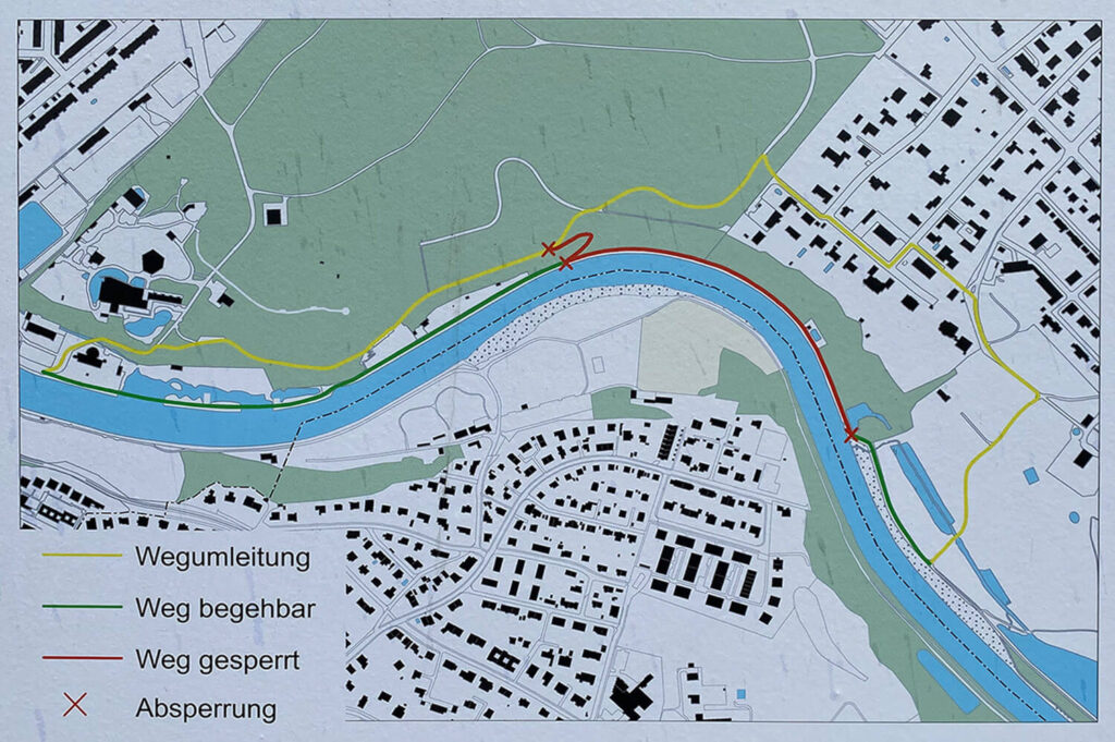 Karte vom Aareuferweg in Bern mit eingezeichneter Sperrung
